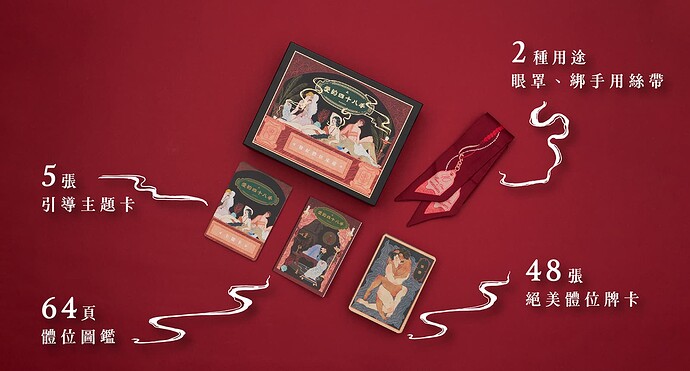 2種用途眼罩、綁手用絲帶 48張絕美體位牌卡 5張引導主題卡 64頁體位圖鑑
